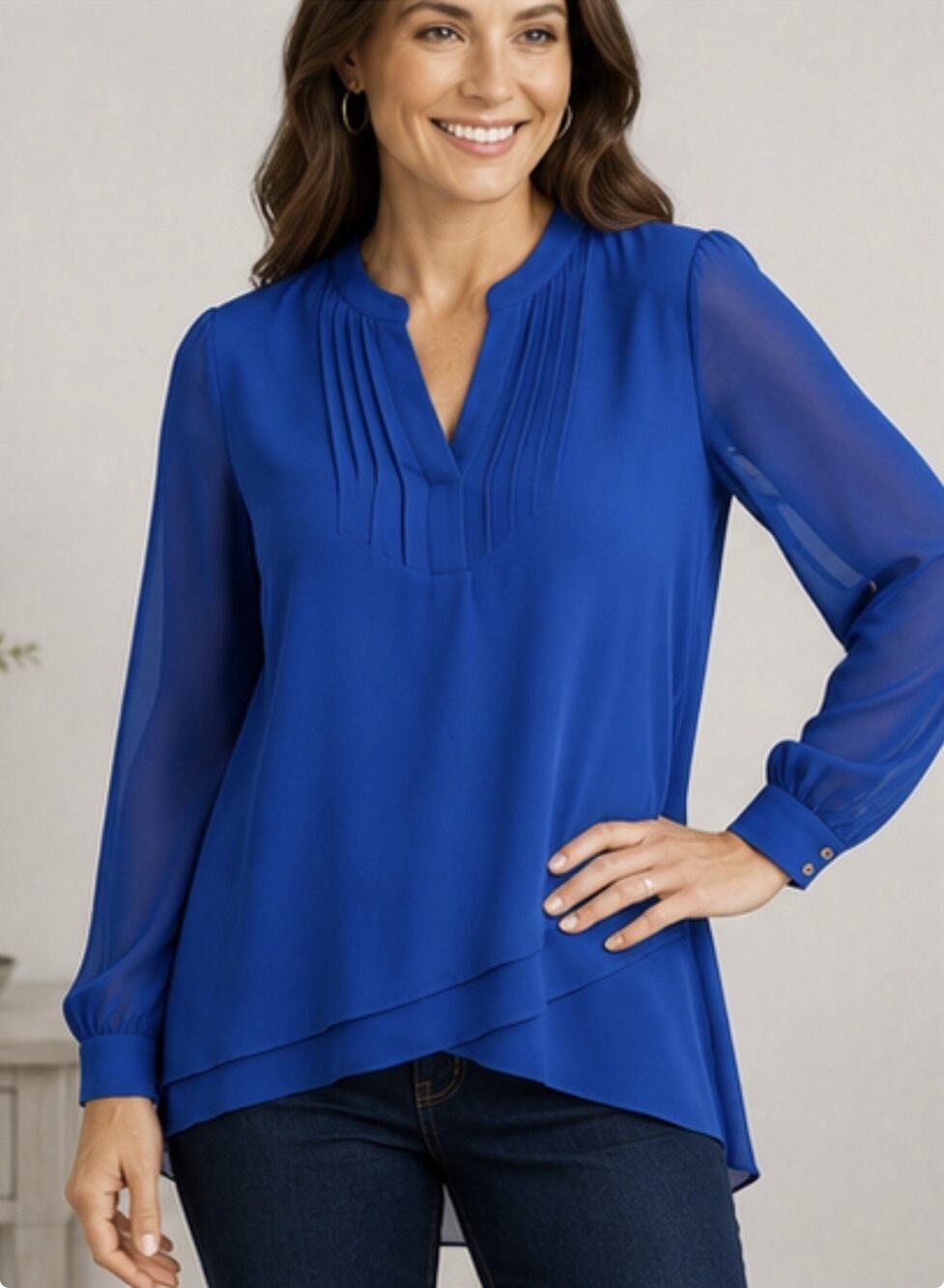 White House Black Market Womens 8 Royal Blue Long Sleeve Hi Low Blouse